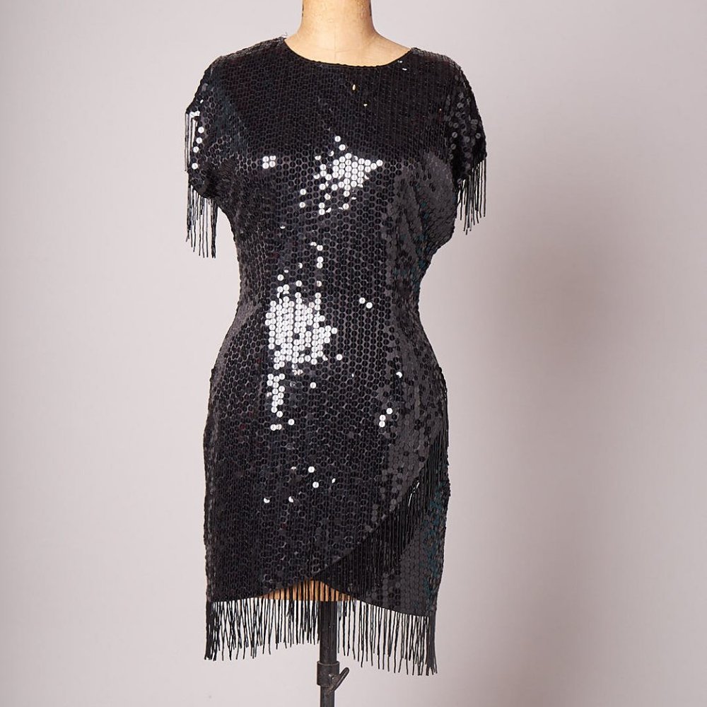 Vintage 1980s Bead Fringe Sequine Dress